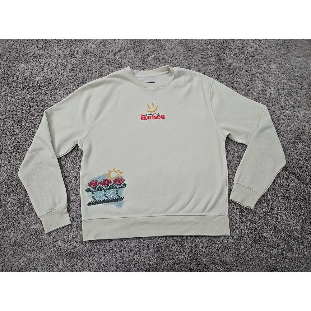 Rue21 Pullover Mens‎ M Cream Crewneck "Smell the Roses" Smiley Face Graphic